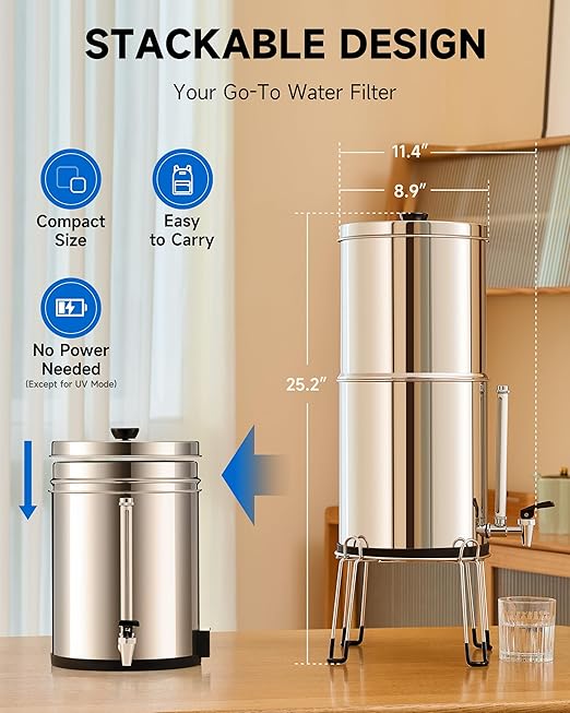 CO-Z Gravity-Fed Water Filter System, 2.25 gal UV Countertop Water Filtration System, Stainless Steel Water Purifier with 2 Carbon Filters, Water Level Spigot, Chamber Stand, NSF/ANSI 42 Certification