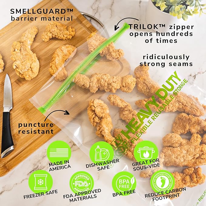 50 PACK, Heavy Duty 5mil Thick REUSABLE Food Freezer STORAGE BAGS by Smelly Proof, Extra X-Large, US-Made, Non-Silicon, No PEVA, BPA FREE, Dishwasher-Safe, Triple Zip, XXL 2-Gallon 12" x 16" - 50 pcs