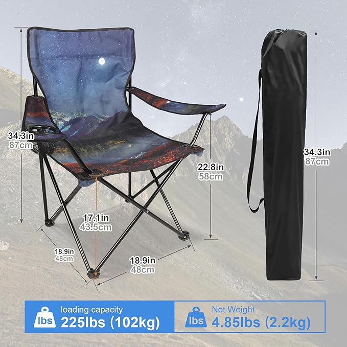 2 Pack Folding Camping Chair,Portable Lawn Chair w/Cup Holder,Carry Bag,Heavy Duty Outdoor Camp Chair for Adults,Perfect for Garden,Hiking,Picnics and Beach Trips,Moon Mountain