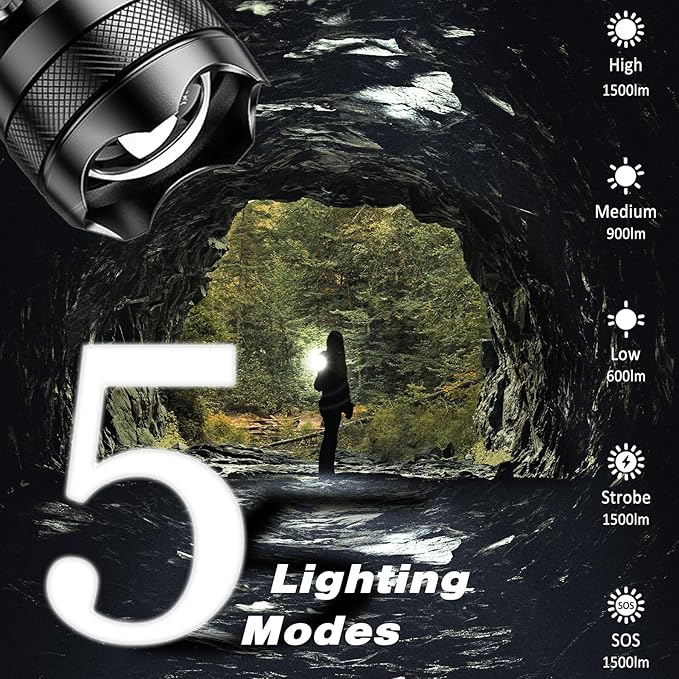 ISUNMEA Rechargeable Strong Flashlight, Zoomable LED Powerful Flashlights 1500LM High Lumens w/ 5 Modes Waterproof Handheld Flash Light for Emergencies Outdoor Camping Hiking Home Power Outage 1-Pack