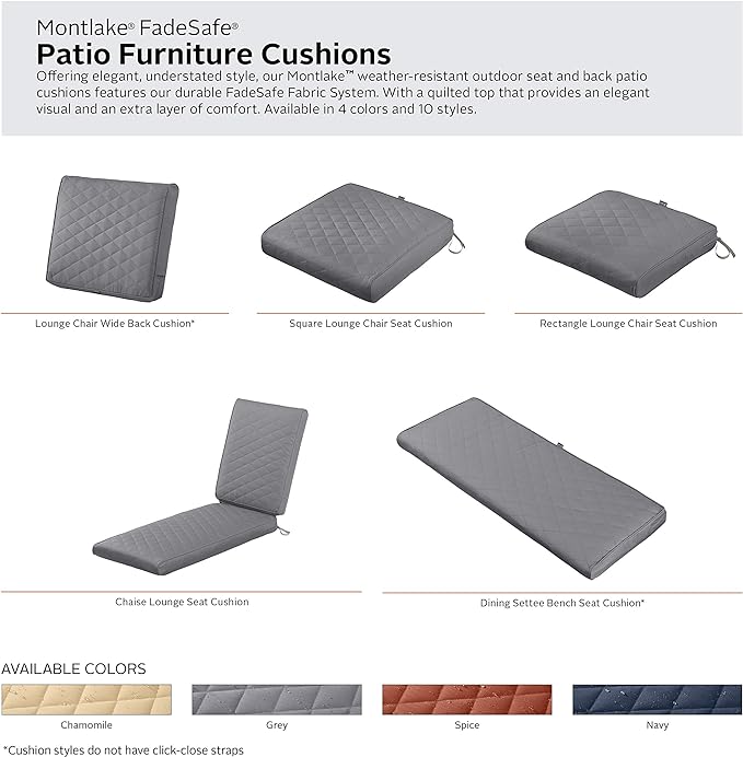 Classic Accessories Montlake FadeSafe Water-Resistant 25 x 22 x 4 Inch Wide Back Patio Quilted Lounge Cushion, Grey