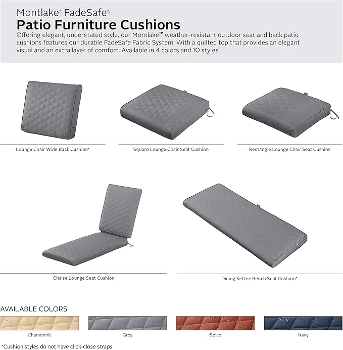 Classic Accessories Montlake FadeSafe Water-Resistant 21 x 20 x 4 Inch Wide Back Patio Quilted Lounge Cushion, Grey