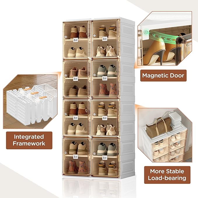 ANTBOX Shoe Organizer Storage Box, Portable Folding Shoe Rack For Closet With Magnetic Clear Door,Large Sneaker Cabinet Bins Sturdy Easy Assembly 8 Layers-16 Grids
