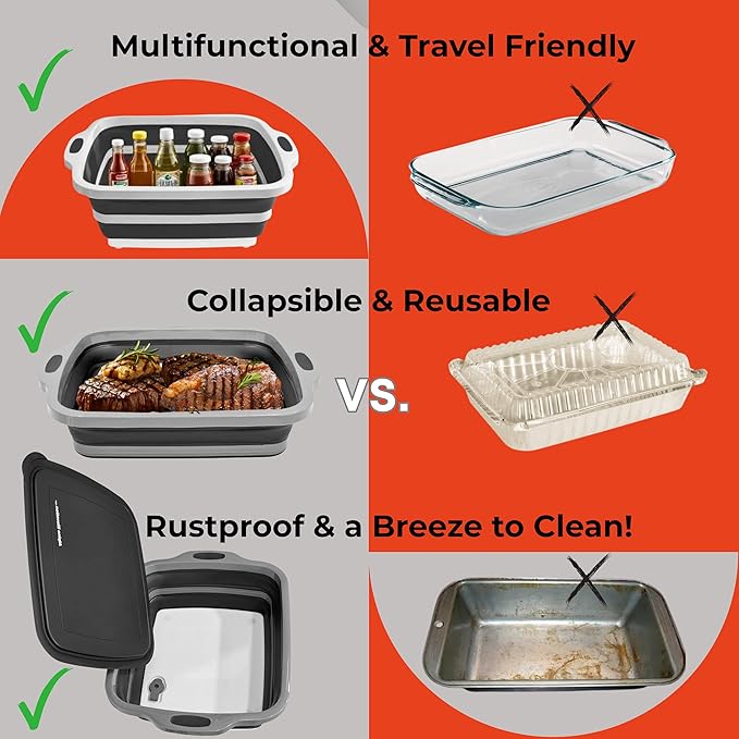 Collapsible Large (8L) BBQ Marinating Tub w/Cutting Board | Multipurpose Food-Grade TPE Prep Tub w/Lid | Built-in Colander & Drain Plug - for Camping | Tailgate | Picnic - Slate Black