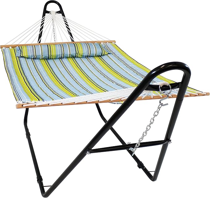 Sunnydaze Double Quilted Fabric Hammock with Universal Steel Stand - 450-Pound Capacity - Black Stand - Blue and Green