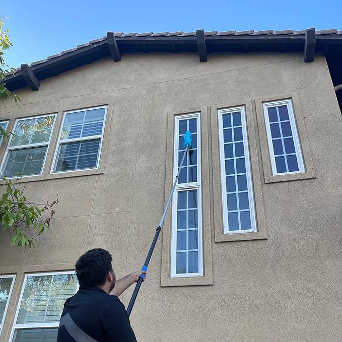 20 Foot High Ceiling Fan Duster with 5-12 Foot Extension Pole, Extendable Reusable Cobweb, Feather, Window Cleaning Squeegee Kit Blue