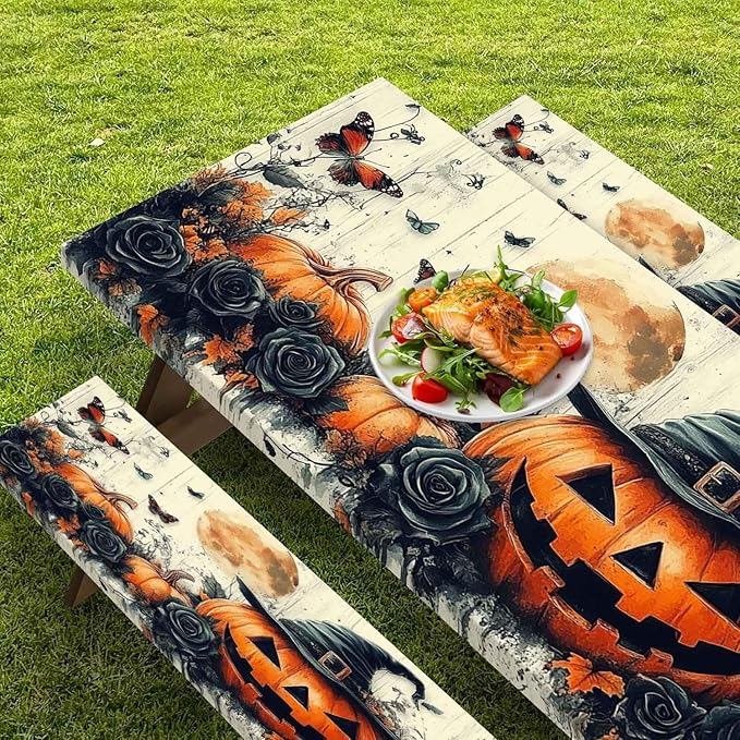 CAPSCEOLL Fitted Picnic Table Cover with Bench Covers with Elastic 8Ft Waterproof Picnic Table Cloths Windproof Outdoor Camping Tablecloth with Drawstring Bag, 96X30in, Halloween Pumpkins