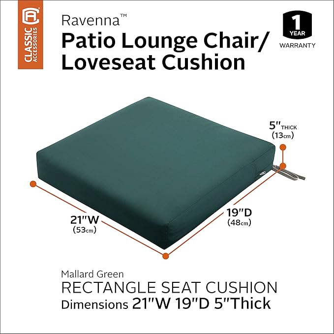Classic Accessories Ravenna Water-Resistant 21 x 19 x 5 Inch Patio Seat Cushion, Mallard Green, Patio Loveseat Cushion