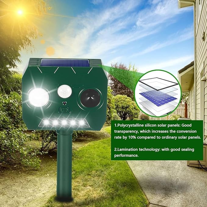 2025 Solar Ultrasonic Raccoon Squirrel Deer Repellent Rabbit Deterrent Animal Repeller Sonic Fortress Pro with Flash Light Motion Sensor to Keep Cat Dog Fox Skunk Out of Garden Yard(2Pack)