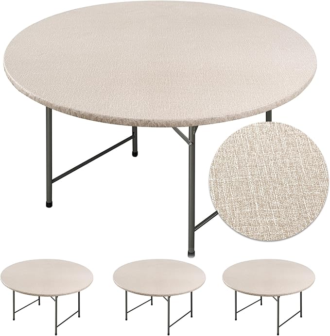Fitable 4 Pack Vinyl Fitted Round Table Cover with Elastic- Waterproof Faux Linen Tablecloth Flannel Backed Wipeable Table Cloth for Picnic Camping, Nature (Fit for 36"-44" Round Tables)