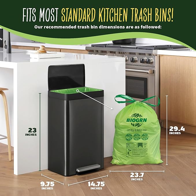 10-13 Gallon Compostable Trash Bags Drawstring 30 Bags Heavy Duty Extra Thick 1 Mil 49.21 Liter Tall Kitchen Food Scrap Waste Compost Bags Green ASTM D6400 US BPI and OK Compost Home Certified
