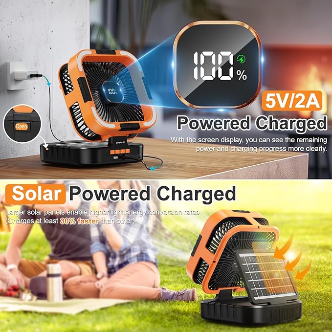 Portable Camping Fan with Solar Panel, 10000mAh Solar Powered fan, 6 Speed Levels, 120° Oscillation, 3 Light Modes, 6H Timer, Handle, Foldable Rechargeable Outdoor Fan for Tent, Hiking, Beach
