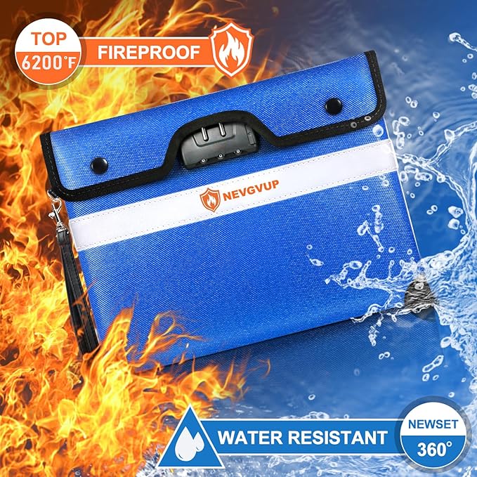 6200F Fireproof Money Bag with Lock, Upgraded A5 Document Bag w/ Zipper/Reflective Strip, 9 Layers Heat Insulated, Water Resistant
