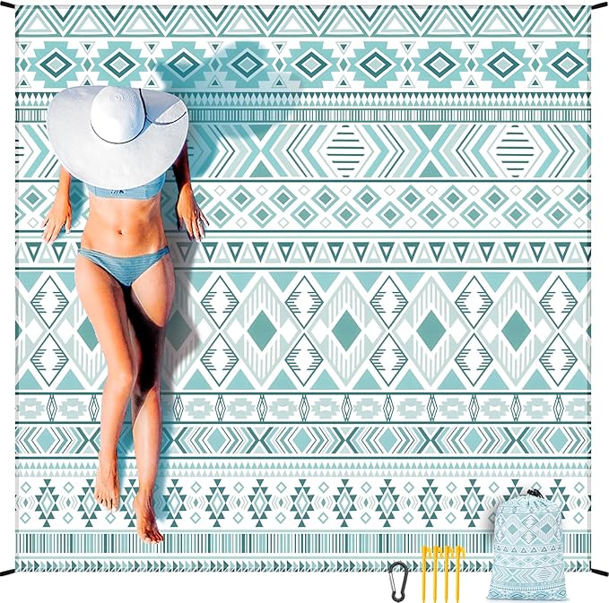 Beach Blanket Waterproof Sandproof Beach Mat 79" X 83"/10'x9'for 2-8 Adults Quick Drying Outdoor Picnic Mat Beach Accessories for Travel, Camping, Hiking