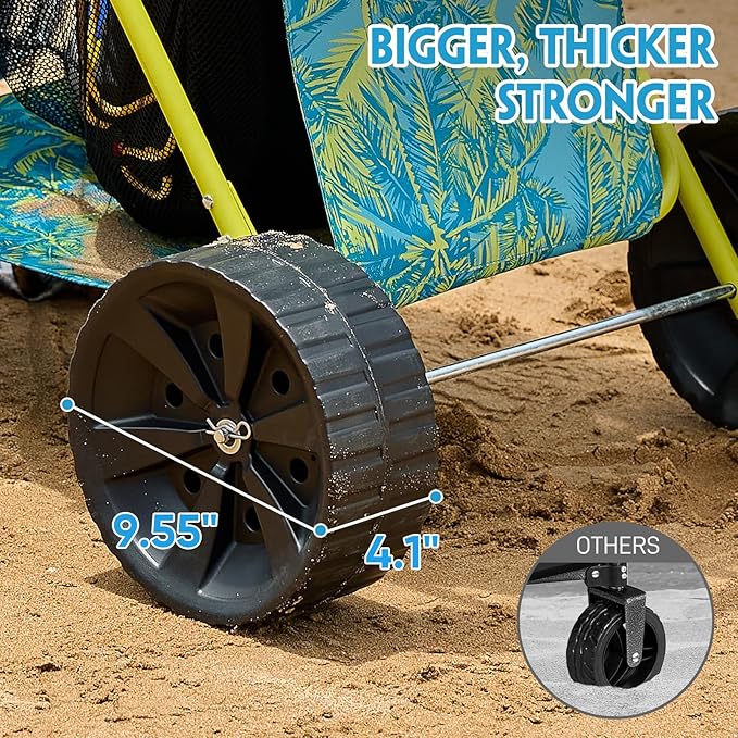 Beach Cart with Big Wheels for Sand, Collapsible All-Terrain Beach Wagon with Cooler Bag & Umbrella Holder, Large Mesh Storage, Supports 100lbs for Camping, Outdoor, Shopping, Palm Print