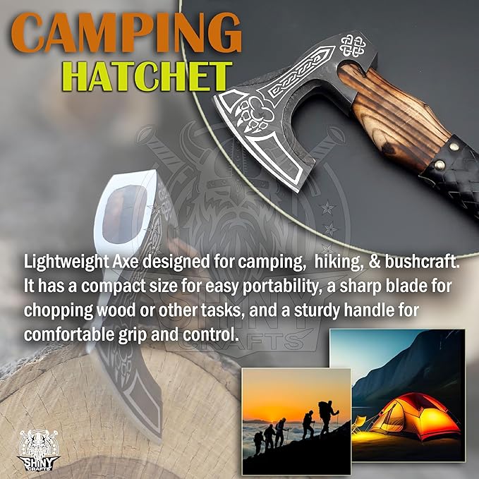SHINY CRAFTS-Camping Axe Tomahawk Viking Bearded Axe Viking Axe Valentine's Day Gift Birthday Gift for him with Premium Leather Sheath (SCA-16)