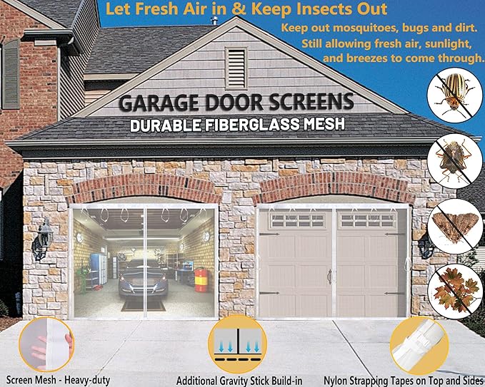 Garage Screen Door Kit 10x8ft White with Magnetic Closure - Garage Net, Heavy-Duty Fiberglass Mesh for 10x8 FT 1 Car Garage, Blocks Bugs & Provides Privacy - Perfect for Patio, Gym or Porch