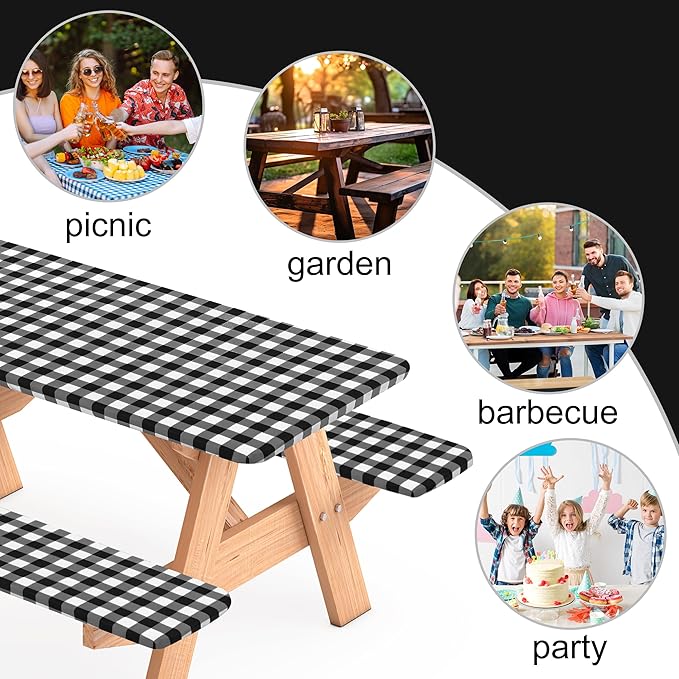 3 Pcs Set Fitted Picnic Table Cover with Bench Covers Vinyl Camping Table Cloth Flannel Backing Picnic Table Cloth for 6ft Tables Camping Outdoor (Black Checked, 30 x 72 Inches)