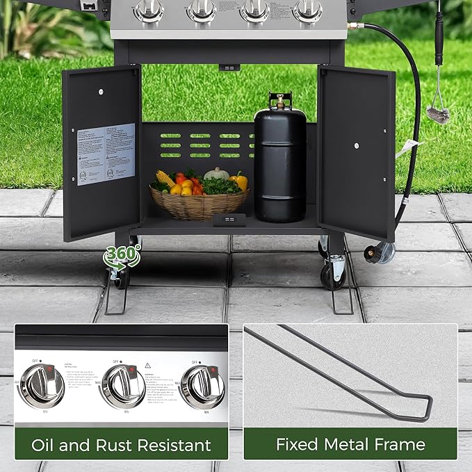 4-Burner Propane Gas Grill with Wheels, 40,000 BTU Stainless Steel BBQ Grill for Backyard, Outdoor Cooking - Foldable Side Tables, Spice Rack & Easy Assembly
