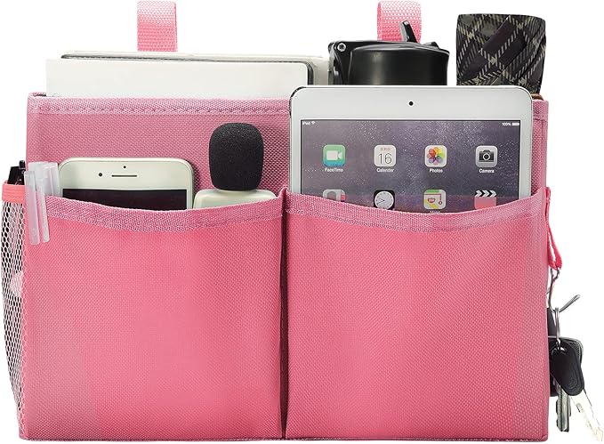 Bunk Bed Organizer, Bedside Caddy Hanging Bed Organizer Storage Bag with 4 Pockets and 2 Hooks, for College Dorm Rooms Bed, Hospital Bed, Baby Bed Rails, 600D Oxford Cloth (Pink)