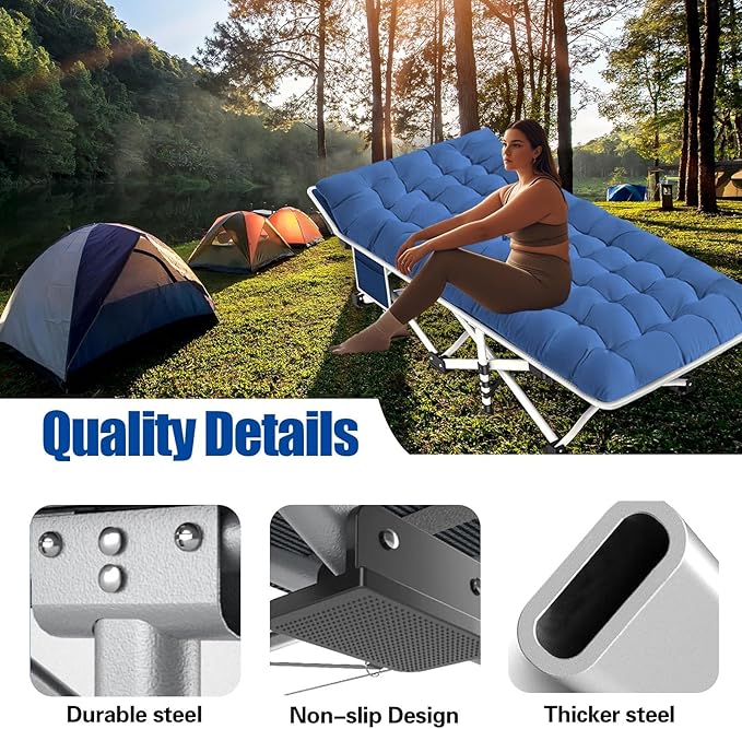 Cot Camping Cot with Thick Pad Cots for Sleeping Camping Bed Folding Cot 450LBS(Max Load) Comfortable Double Layer Oxford Heavy Duty with Carry Bag for Home Outdoor Travel