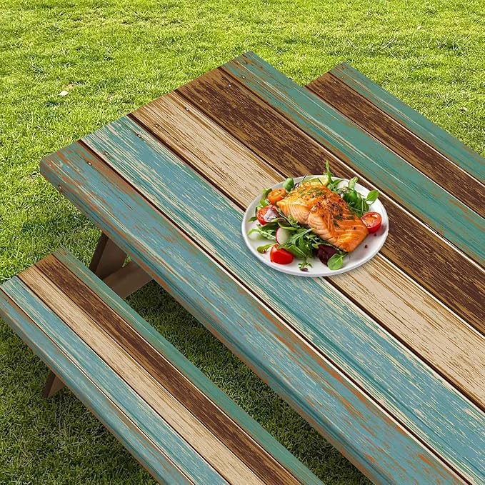 CAPSCEOLL Picnic Table Cover with Bench Covers 8Ft Waterproof Camping Tablecloth All-Weather Outdoor Table Protector with Drawstring Bag for Camping Essentials, 96X30In, Blue Brown Wood