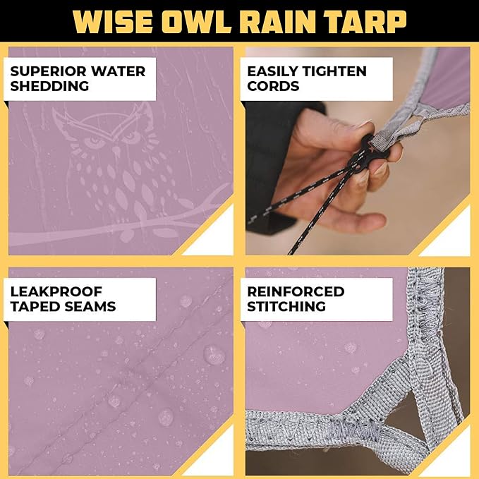 Wise Owl Outfitters Hammock Rain Fly – Waterproof Camping Tarp Cover with Tent Stakes & Carry Bag, Ultralight Shelter for Backpacking & Outdoor Shade