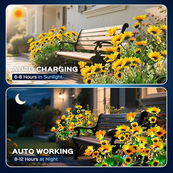 4 Pack Solar Garden Lights Outdoor, Colorful LED Waterproof Solar Powered Sunflowers Landscape Lights for Outside Yard, Patio, Pathway Decorative, Décor, Gifts, Two Lighting Modes