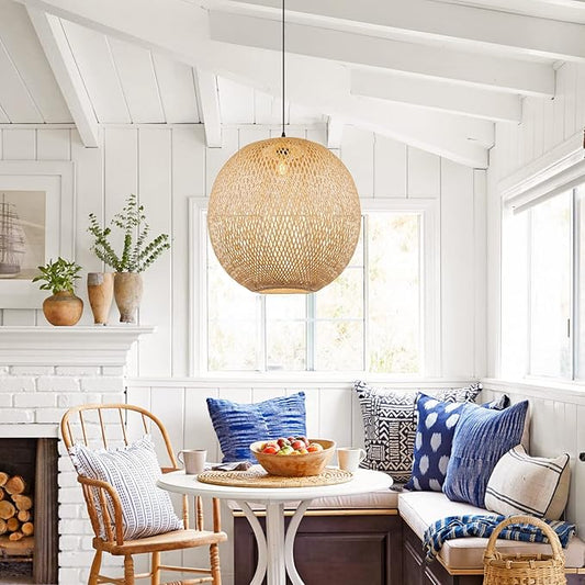 Arturesthome 15.7" Bamboo Pendant Lights, Round Wicker Chandelier, Hand-Woven Boho Basket Lampshade Hanging Ceiling Light for Kitchen Island Living Room