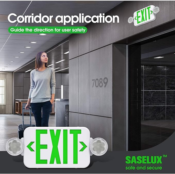 Green Led Exit Sign Emergency Light Combo Adjustable Two Head, Double Sided and Battery Backup Exit Light, Contractor Select, AC 120/277V (4 Pack)