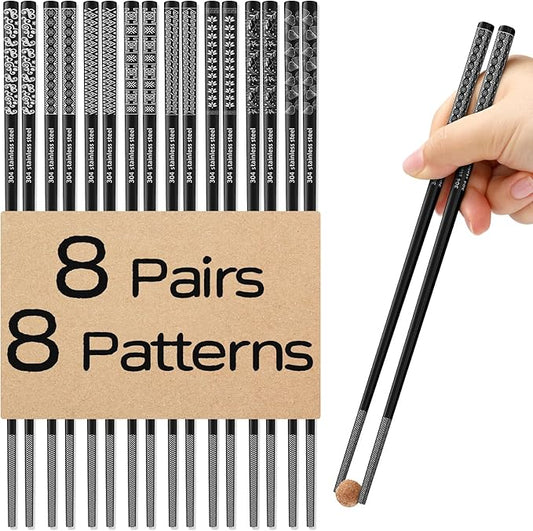8 Pairs Metal Chopsticks Reusable Black Stainless Steel Chopsticks Set Laser Engraved Non-slip Japanese Korean Chinese Chopstick for Cooking Eating Dishwasher Safe 9.25" Chop Sticks Gift Set