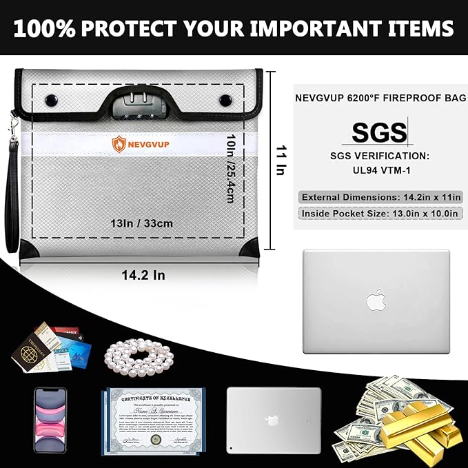 6200°F Fireproof Document Bag with Lock, Upgraded Fire proof Money Bag for Cash with Zipper/Reflective Strip, 9 Layer of Heat Insulated Material, Water Resistant Fireproof Bags for Documents,Safe Bags