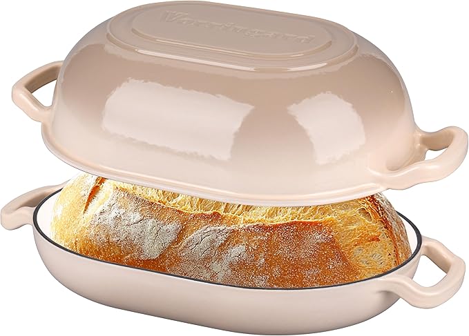 Enameled Cast Iron Sourdough Bread Oven, Dutch Oven, Loaf Cast Iron Bread Pan for Homemade Bread Baking, Meatloaf Pan with Lid, 7QT, Latte