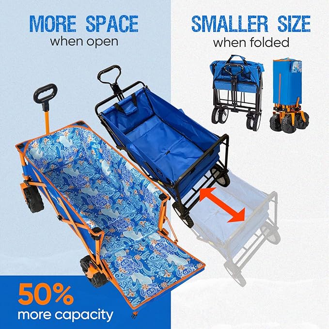 300lbs Extra Long 49" L Beach Wagon with Big Wheels for Sand, Collapsible Utility Beach Cart Heavy Duty Folding Wagon,Ideal for Outdoor Sand Camping Garden Pet