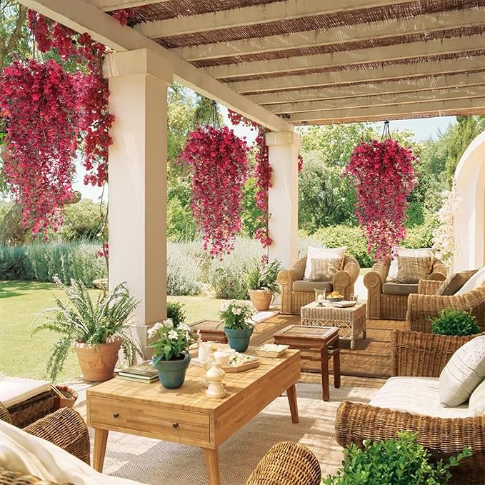 Artificial Hanging Plants Artificial Fall Flowers Faux Autumn Plants Artificial Ferns for Outdoors Hanging Fake Vines Faux Hanging Plants for Fall Decor Indoor Outdoor House Wedding Party(Wine Red)