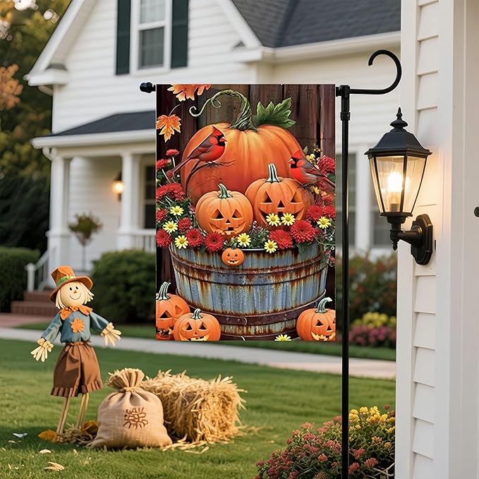 Fall Garden Flags 12x18 Double Sided, Pumpkin Yard Flags for Outside, Autumn Bird Small Yard Flags for Home Outdoor Decorations