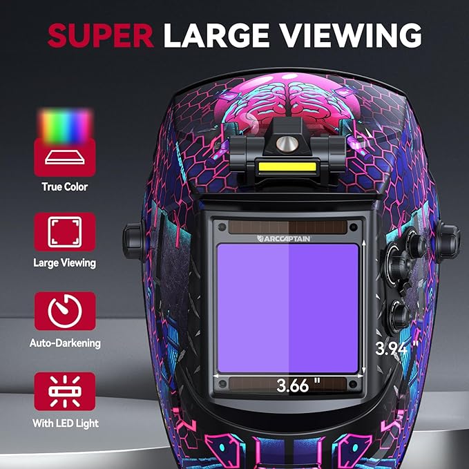 ARCCAPTAIN 3.94" x 3.66" Auto Darkening Welding Helmet, Solar Powered True Color Welding Hood, 1/1/1/1 Top Optical Clarity Welder Helmet, 4 Arc Sensor Wide Shade 4/5-9/9-13 for Stick MIG TIG Cut