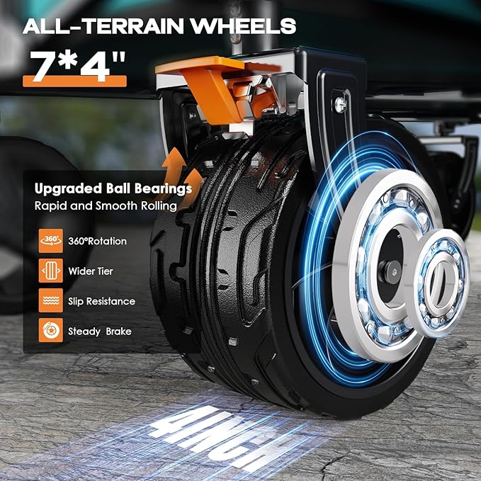 Collapsible Wagon Cart Heavy Duty Foldable, Folding Beach Wagon with Big Wheels for Sand, Utility Grocery Cart with Side Pocket and Brakes for Sports Outdoor Activities, Light Blue