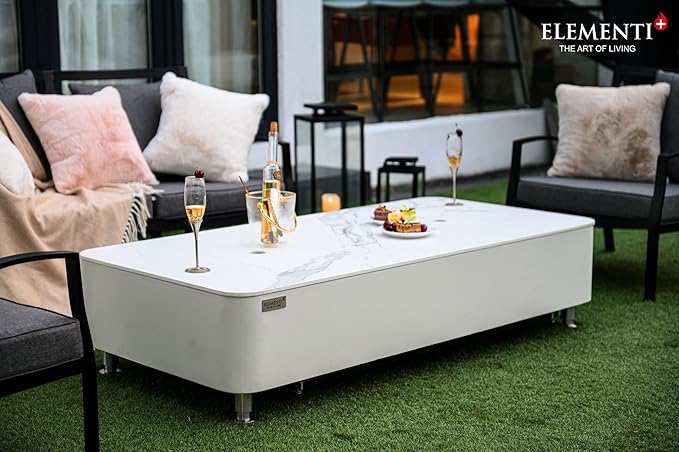 Elementi+ | Athens Gas Fire Pit | Cast Concrete Body & Marble Porcelain Top | 62" Rectangular Fire Table | Electronic Ignition | Canvas Cover, Fire Glass & Burner Lid Included | White | Propane Gas