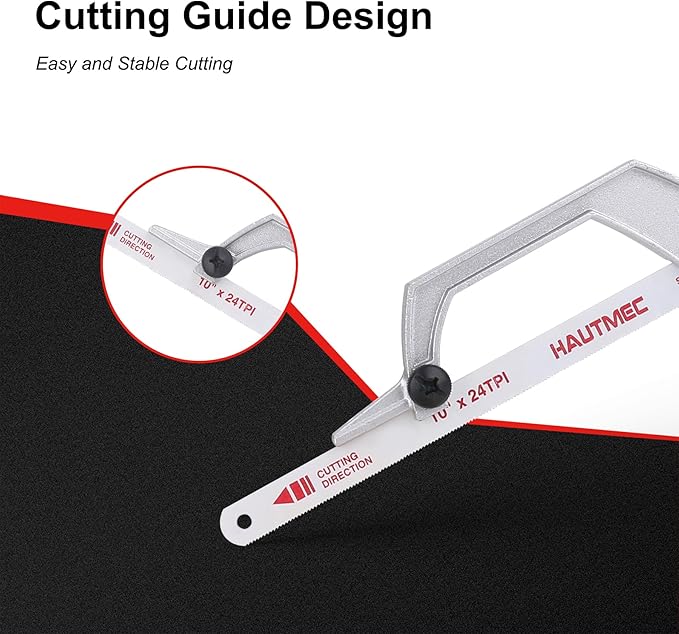 HAUTMEC Mini Hacksaw, 10" Compact Hacksaw with Cutting Guide Design, Tool-Free Blade Change, Compatible with 10"/12" Blades, Lightweight Hack Saw for Metal, PVC & Wood Cutting – HT0427