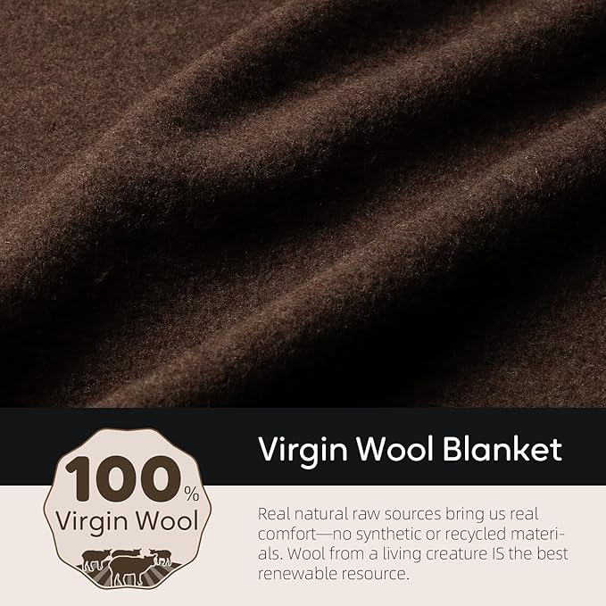 100% Wool Blanket, 62" x 86", Warm, Thick, Washable, Military Wool Blanket, Great for Camping, Outdoors, Sporting Events, Survival Kits, Brown