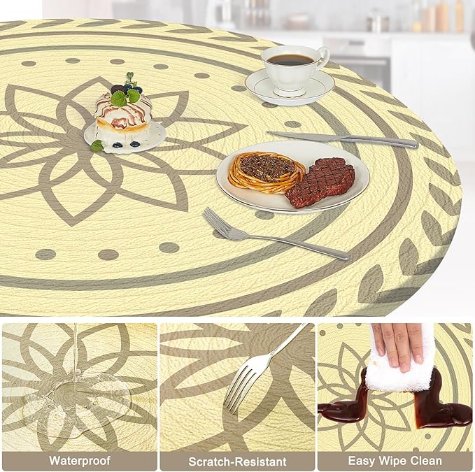 Round Tablecloth Fitted Elastic Table Cover Waterproof Table Cloth for Dinner, Party, Picnic,Camping, Round Table Cover for Indoor Outdoor