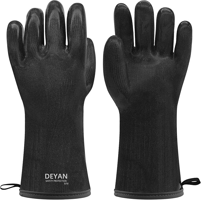 DEYAN Silicone BBQ & Oven Gloves - Food Grade, Heat Resistant Waterproof & Oil Proof Gloves for Grilling, Baking, Frying, Cooking - Long Sleeve & Non-Slip Grip, 1 Pair(Black, 8/M)