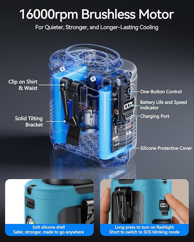 AI Portable Waist Fan Rechargeable 10000mah Belt Shirt Clip On Fan For Body Cooling That Blow Cold Air 5 Speeds Flashlight Up To 40H