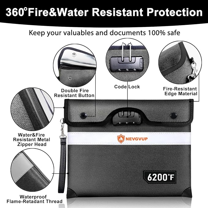 6200°F Upgraded Fireproof Document Bag with Lock, Fireproof Money Bag for Cash with Zipper/Reflective Strip, 9 Layer of Heat Insulated Material, Water Resistant Fire proof Bags for Documents,Fire Bags