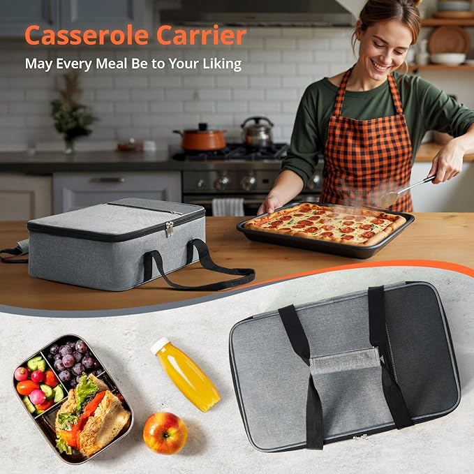 Insulated Casserole Carrier for Hot or Cold Food,Pie Carrier Bag Lunch Tote for Potluck Parties/Picnic/Cookouts, Fits 9"x13" Baking Dish,Single Grey