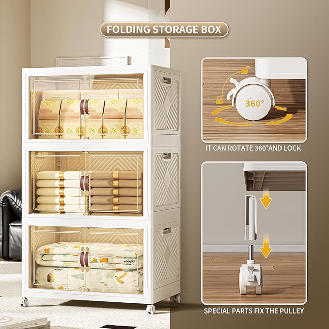 400 QT / 100 Gal Collapsible Storage Bins with Wheels & Magnetic Doors - Stackable Plastic Cabinet Organizer for Home, Garage, Closet (White Space-Saving Containers)