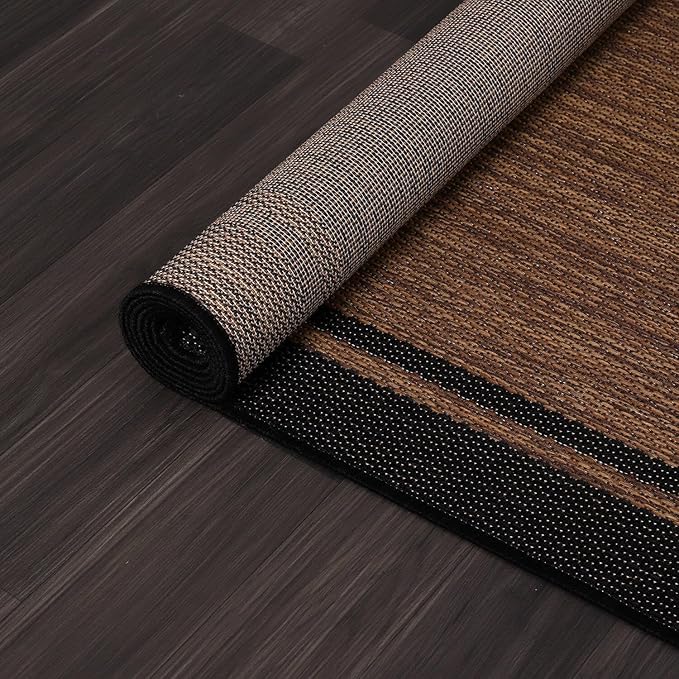 CAMILSON Indoor Outdoor Rug, 9x12 Bordered Nut Brown Black Modern Area Rugs for Indoor and Outdoor Patios, Kitchen and Hallway Mats, Washable Porch Deck Outside Carpet (Border Nut Brown Black, 9 x 12)