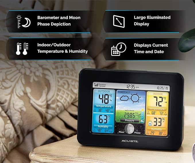 AcuRite Wireless Home Weather Station with Color Display, Indoor Outdoor Thermometer and Temperature Sensor (02077M)