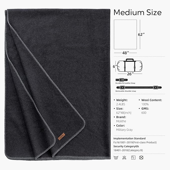 100% Wool Blanket, 48" x 62", Warm, Thick, Washable, Military Wool Blanket, Great for Camping, Outdoors, Sporting Events, Survival Kits